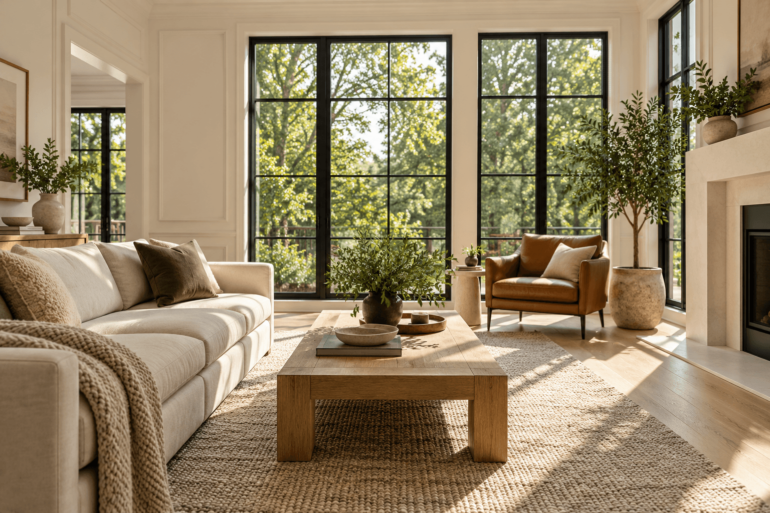 Warm, light-filled living room with natural wood and garden views; architectural concept image