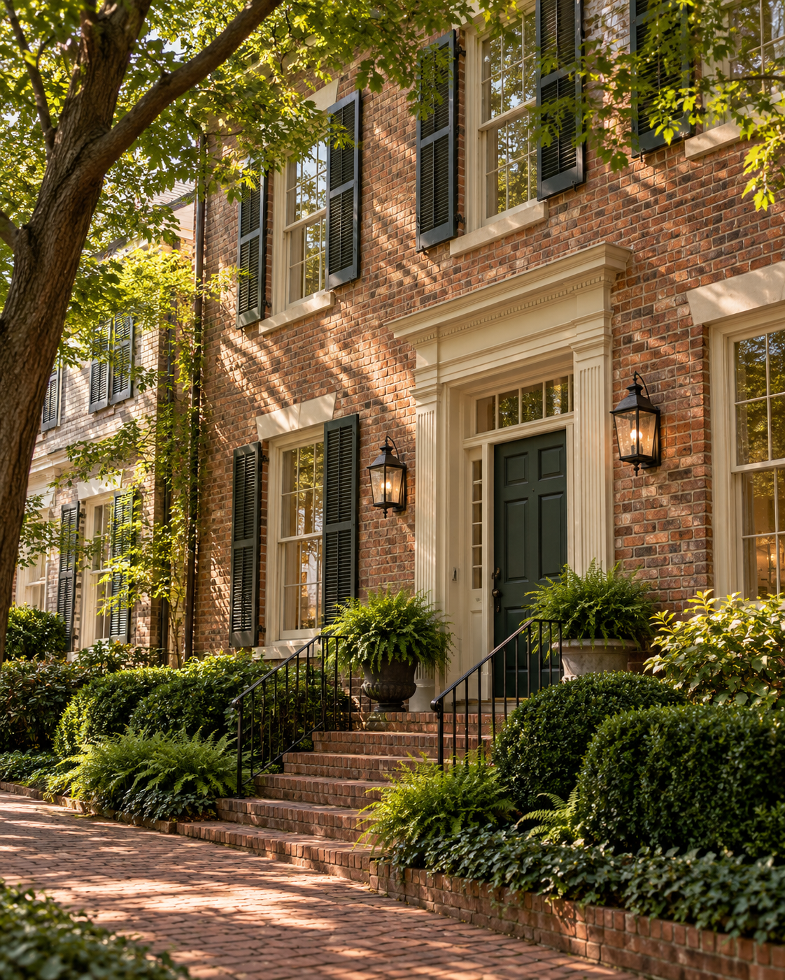 Brick townhome with a green front door on a leafy street; architectural concept image